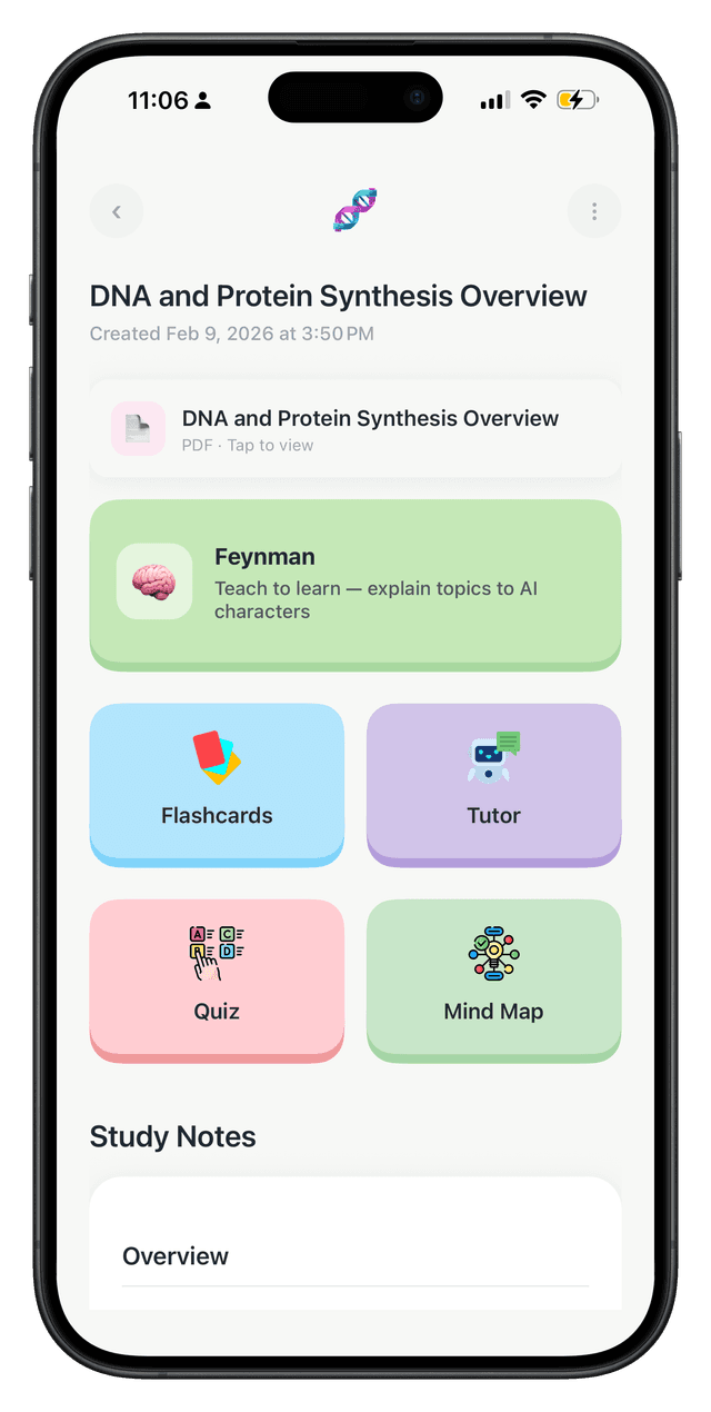 Memorize app showing Flashcards, Quiz, Mind Map, Tutor, and Feynman study modes